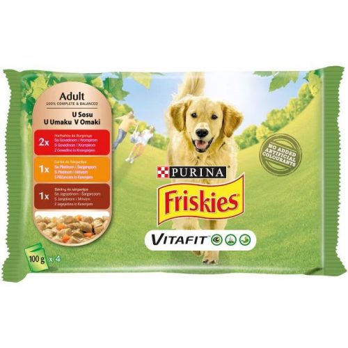 FRISKIES ADULT KUTYAELEDEL MARHA CSIRKE BÁRÁNY SZÓSZBAN 4X100G